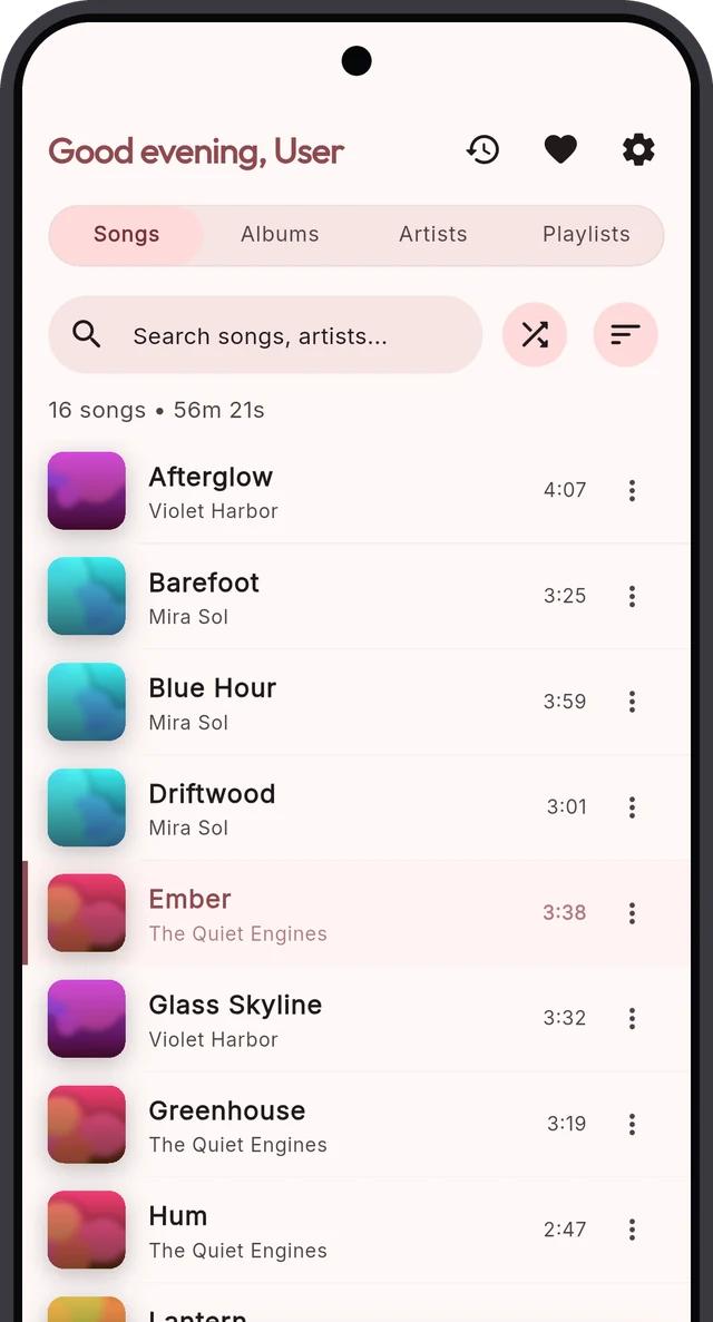 Sonora song list showing tracks with cover art, artist and duration
